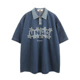 Men T Shirt Summer Embroidered Denim Lapel Polo Shirt