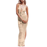 Women Knit Beach Cover Hollow Tassel Swimwear Cover-up Beach Maxi Dress