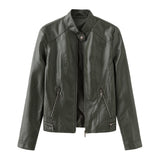 Red Leather Jacket Casual Leather Jacket Spring and Autumn Women's Leather Jacket Long Sleeve Zipped Stand Collar Coat