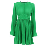 Women Dress Spring Green Pleated Dress round Neck Dress