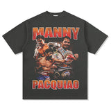 Mens Vintage Boxer T-Shirt Manny Pacquiao Pac Men Printed Short Sleeve T-Shirt Washed Top