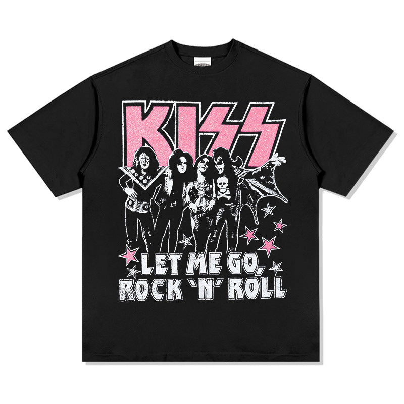 Mens Vintage Rock Band T-Shirt KISS Washed, Short Sleeve T-Shirt Crew Neck