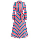 Women Date Dress Autumn and Winter Striped Printed Buttons Cinched Blouse Dress