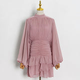 Women Dresses Chiffon Skirt Spring Stand Collar Pleated Loose Dress (Qymy0409)