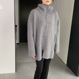 Women Cardigan Sweater Winter Zipper Coat Lapel Ins Long Sleeve Loose Sweater 1t8835