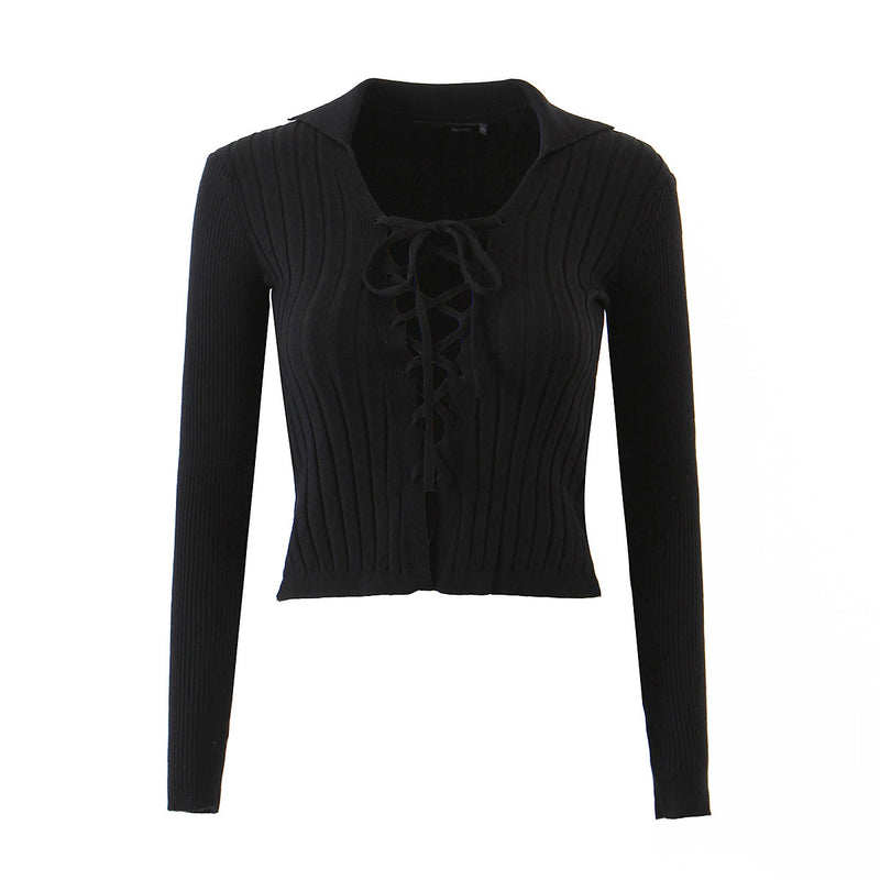 Women Sweater Knitwear Vintage Polo Lapel Lace-up Sweater Autumn Sexy Slim Long Sleeve Sweater