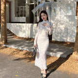 Women Dresses Hollow-out Stand Collar Long Sleeve Lace Dress