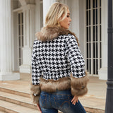 Women Trench Coat Autumn and Winter Plaid Coat Detachable Short Fur Collar Top Houndstooth