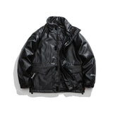 Unisex Winter Cotton Coat Three-Dimensional Pocket Decoration down Jacket Vintage PU Leather down Jacket