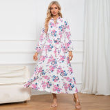 Women Date Dress Autumn Long Sleeve Lace Stand Collar Belt Long Dress