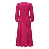 Women Date Dress V-neck Long Sleeve Pleated Dress