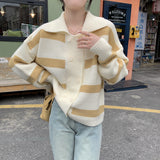 Women Knitwear Spring Polo Collar Stripes Sweater Loose Knitted Cardigan