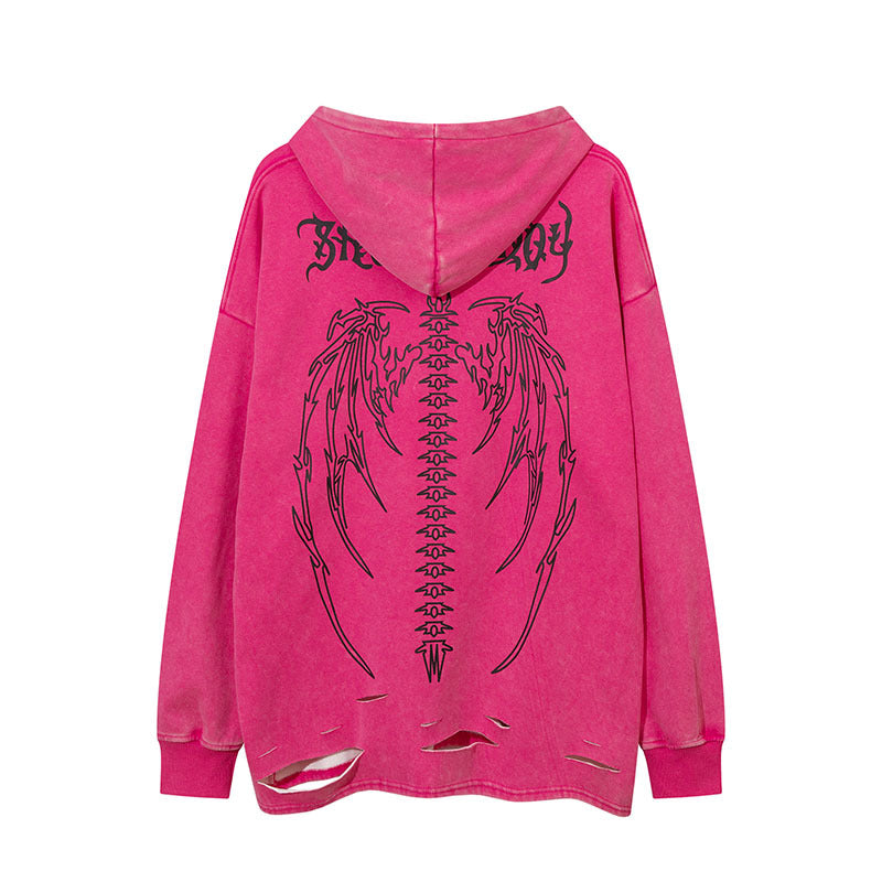 Men Hoodie Black Skull Bone Printed Washed Make Old Ripped Hooded Sweater