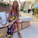 Women Dresses Autumn Printed Slim Fit Slit Backless Sling Dress