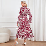 Women Date Dress Long Sleeve Dress Autumn and Winter Stand Collar Leopard Print Printed Dress Long Dress