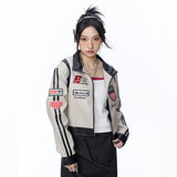 Women Jacket Contrast Color Locomotive Style Cropped Leather Coat