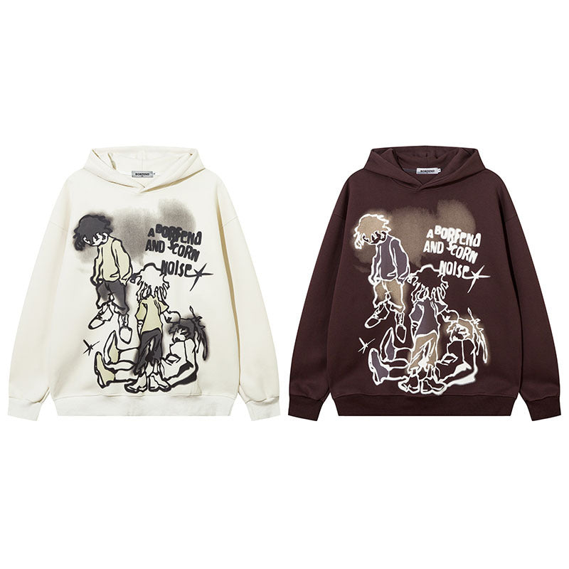 Men Hoodie Cartoon Graffiti Printed Hoodie Men and Women Couple Loose Casual Pullover