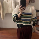 Women Knitwear Spring and Autumn Stripes round Neck Sweater Loose Cropped Sweater
