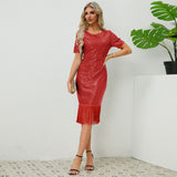 Women Date Dress round Neck Vintage Sequined Tassel Evening Dress