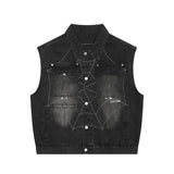 Men Vest Denim Vest Men's Spider Web Loose Lapels Sleeveless Jacket