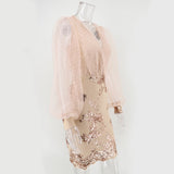 Women Evening Gown Sexy Mesh Long Sleeve Stitching Sequins Dress