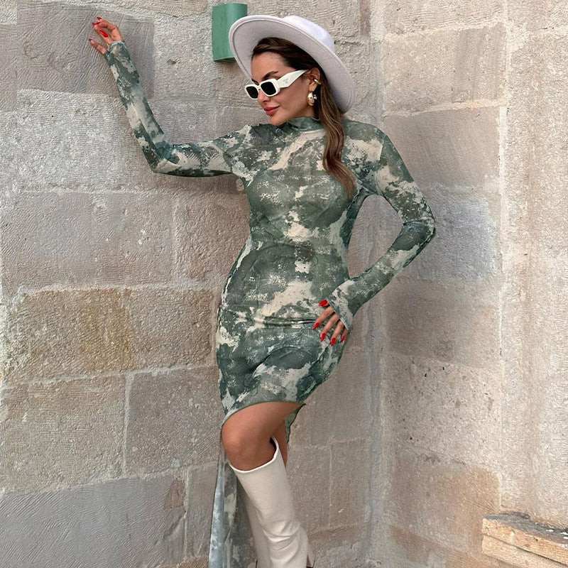Women Dresse Turtleneck Sheath Long Long Sleeve Skirt