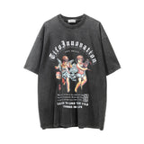 Men Vintage T-shirt Angel Print Men's Short Sleeve T-shirt Washed and Worn round Neck