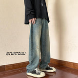 Men Jeans Vintage Jeans Autumn Distressed Washable Pants Loose Straight Wide Leg Pants