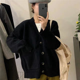 Women Knitted Cardigan V-neck Sweater Women Large Loose Pockets