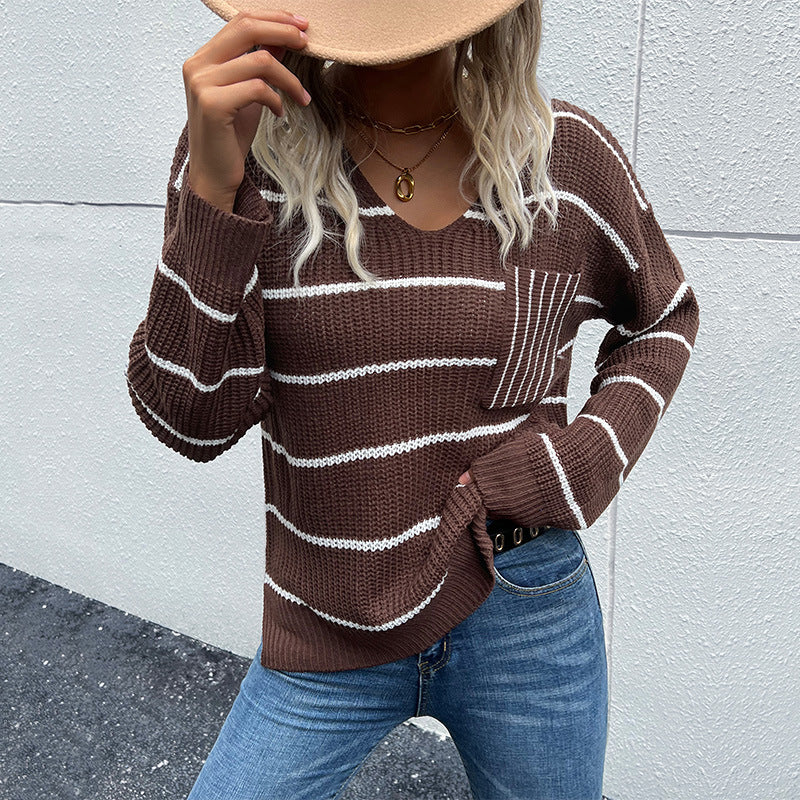 Women Knitted Sweater Autumn and Winter Leisure V-neck Long Sleeve Striped Sweater