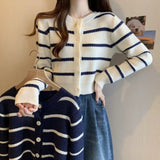 Women Knitwear Autumn Winter Retro Striped Sweaters Cardigan