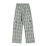 Men Sweatpants Plaid Casual Working Pants Loose Pockets Wide-Leg Straight Trousers