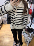 Women Knitted Pullover Striped Turtleneck Zipper Sweater Women's Fall and Winter Lapels Knitwear Top