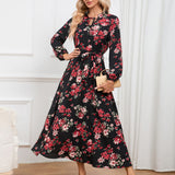 Women Date Dress Autumn Long Sleeve Lace Stand Collar Belt Long Dress