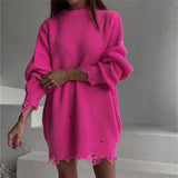 Ladies Leisure Knitwear Loose Solid Color Ripped Sweater round Neck Pullover Long Sleeve Sweater