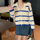 Women Knitwear Autumn and Winter Striped Sailor Collar Sweater Loose Knitted Cardigan