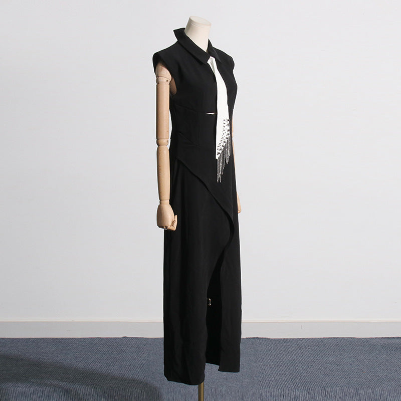 Women Dresses Summer Lapels Pierced Black Dress Tie Slim Fit Long Dress (Qymy0409)