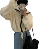 Women Knitted Cardigan Autumn Stand Collar Sweater Coat Short Loose Zip Knitted Cardigan