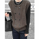 Women Knitted Cardigan Spring Vintage Hemp Pattern Double Breasted Sleeveless Knitted Cardigan