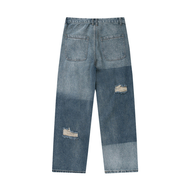 Men Jeans Vintage Distressed Color Block Water Washed Hole Straight Jeans