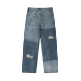 Men Jeans Vintage Distressed Color Block Water Washed Hole Straight Jeans