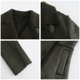 Red Leather Jacket Lapel with Velvet Leather Suede Coat for Women