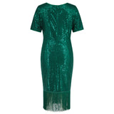 Women Date Dress round Neck Vintage Sequined Tassel Evening Dress
