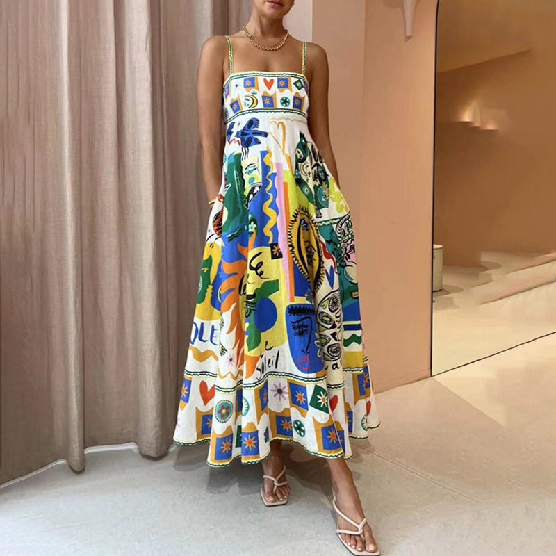 Women Dresses Summer Square Collar Sling Dress Graffiti Printing Long Dress (Qymy0409)
