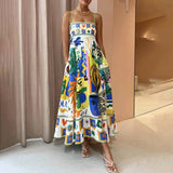 Women Dresses Summer Square Collar Sling Dress Graffiti Printing Long Dress (Qymy0409)