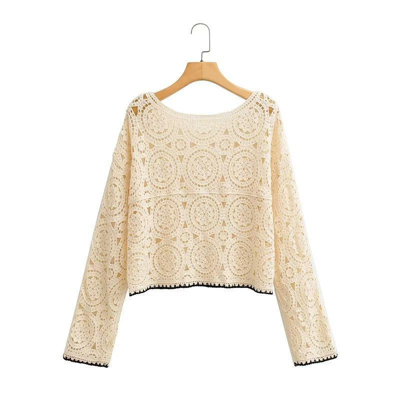 Women Sweater Knitwear Cutout Blouse Short Midriff Outfit Sun Protection Shirt Long Sleeve Bohemian Pullover Sweater