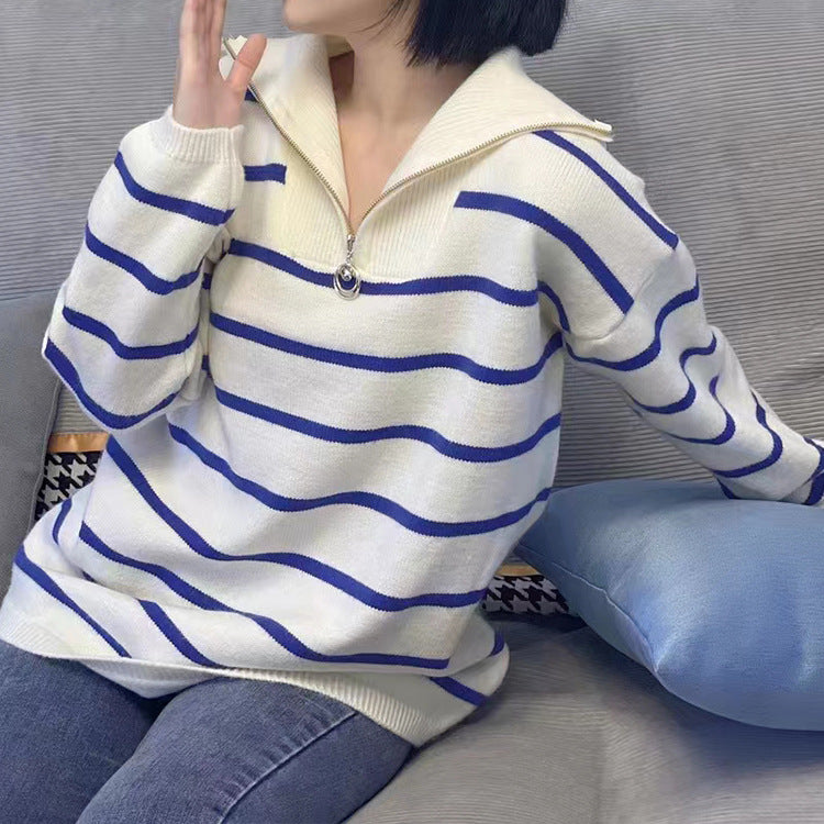Women Knitwear Autumn and Winter Striped Lapel Zipper Sweater Sweater