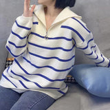 Women Knitwear Autumn and Winter Striped Lapel Zipper Sweater Sweater