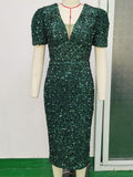 Women Evening Gown Sexy Retro Green Sequins Dress