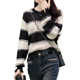 Women Knitted Pullover Loose Color Matching Striped Sweater Autumn Casual round Neck Long Sleeve Sweater